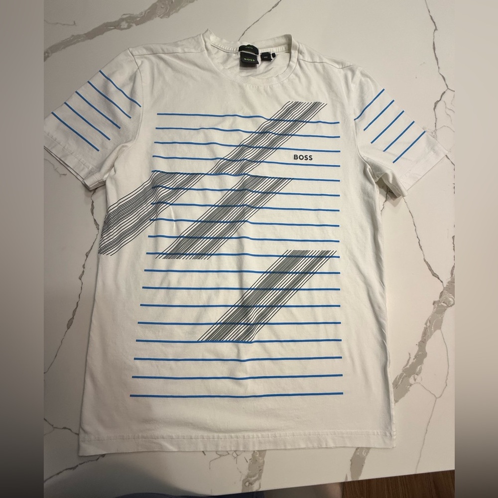 BOSS White and Blue Striped T-Shirt